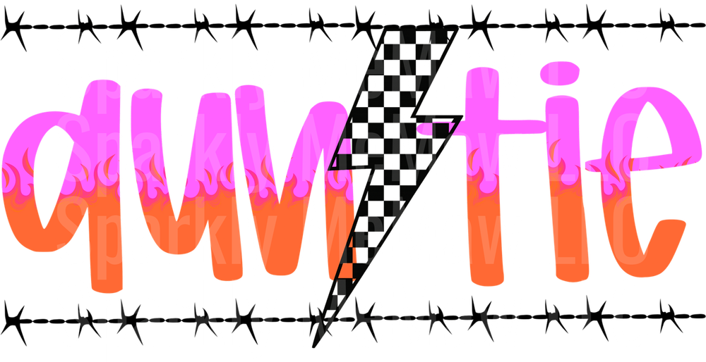 Quarantine Pink Flame Text with Checkered Lightning Bolt and Barbed Wire UV DTF Decal