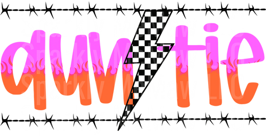 Quarantine Pink Flame Text with Checkered Lightning Bolt and Barbed Wire UV DTF Decal