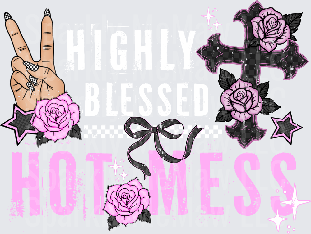Hot Mess Peace Sign Hand Cross Pink Roses Stars Design