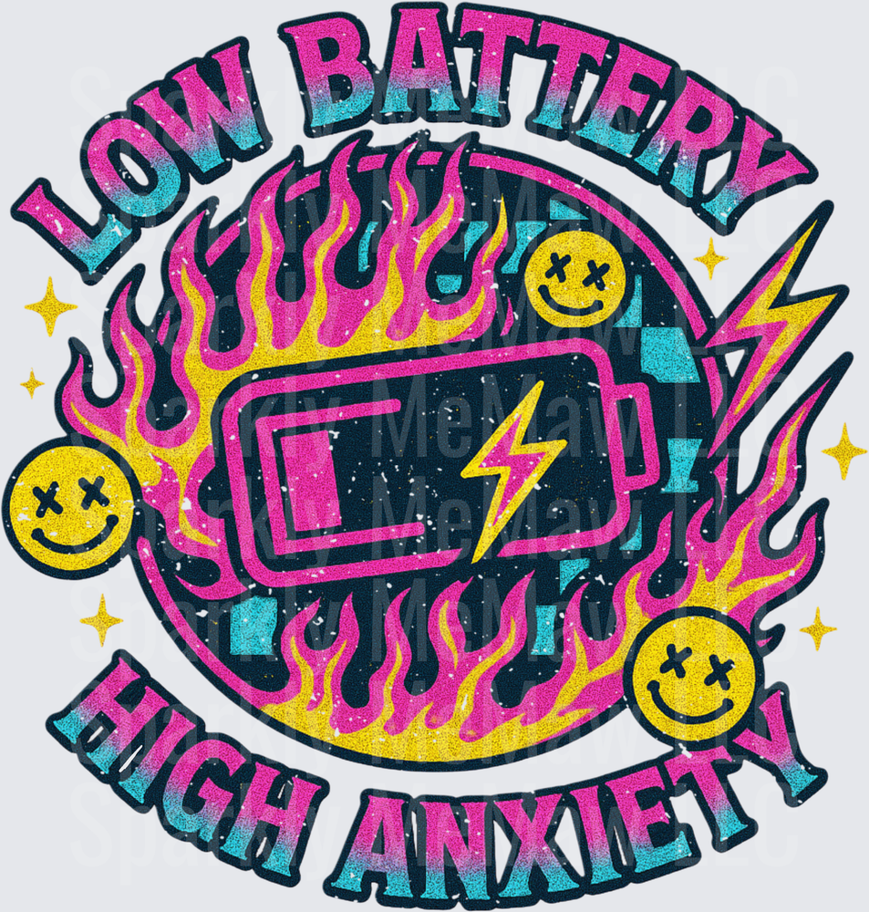 Low Battery High Anxiety Retro Gaming Device with Flames and Smiley Faces UV DTF Decal