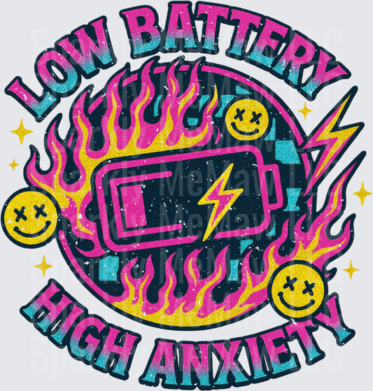 Low Battery High Anxiety Retro Gaming Device with Flames and Smiley Faces UV DTF Decal