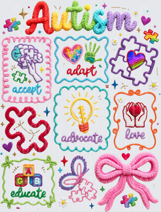 Autism Awareness Colorful Rope Text with Accept Adapt Advocate Love Educate Patches