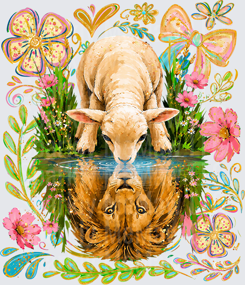 Lamb Drinking From Water Reflecting Lion Within Colorful Floral Botanical Swirl Illustration DTF Transfer for fabrics