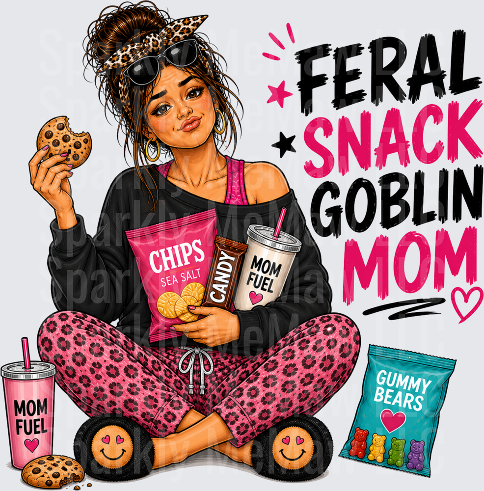 Feral Snack Goblin Mom DTF Transfer - Messy Bun Mom with Cookies Chips and Candy Design for Fabric