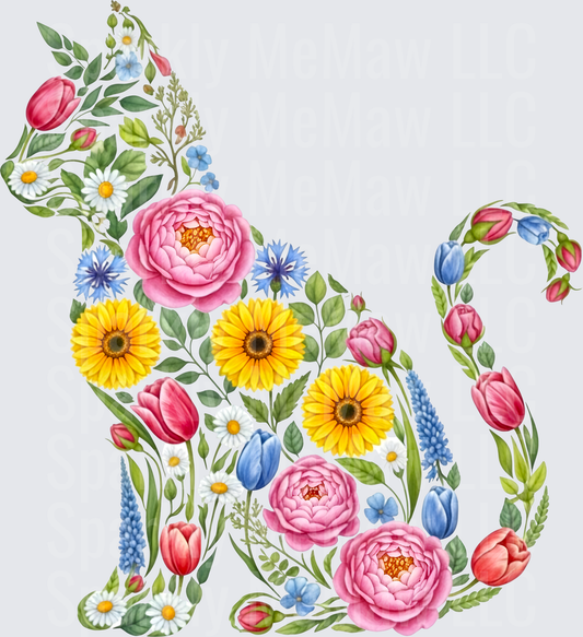 Floral Cat Silhouette with Spring Flowers UV DTF Decal
