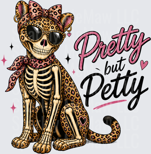 Leopard Print Sugar Skull Cat with Bow Pretty but Petty Day of the Dead DTF Transfer for Fabric