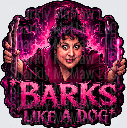 Mary Sanderson Hocus Pocus *Barks Like A Dog* Dark Witch Magenta Lightning Design DTF Transfer for Fabrics
