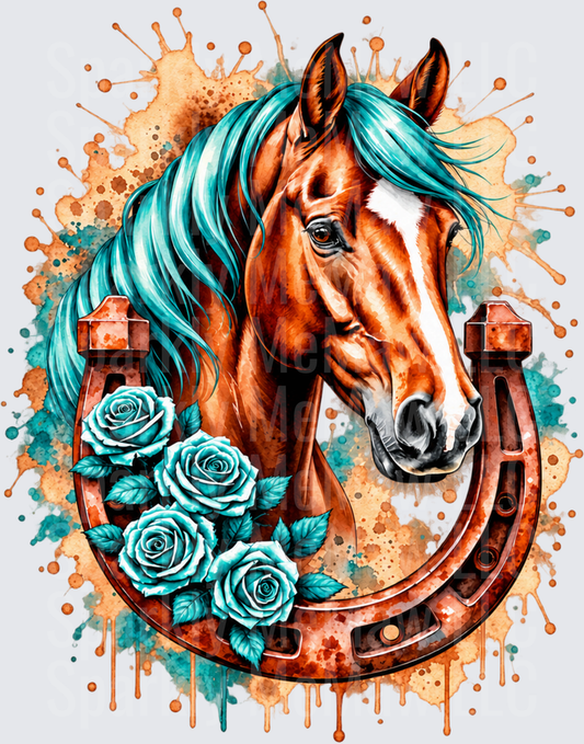 Chestnut Horse Horseshoe Teal Roses is a DTF Transfer for Fabrics
