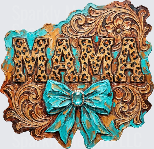 Leopard Print MAMA Text with Turquoise Bow and Ornate Scrollwork Frame UV DTF Decal