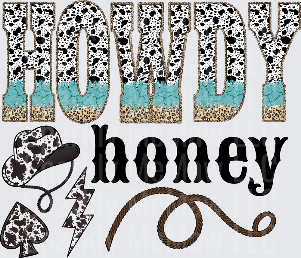 HOWDY Western Cow Print Leopard Turquoise Rope Spade Lightning UV DTF Decal