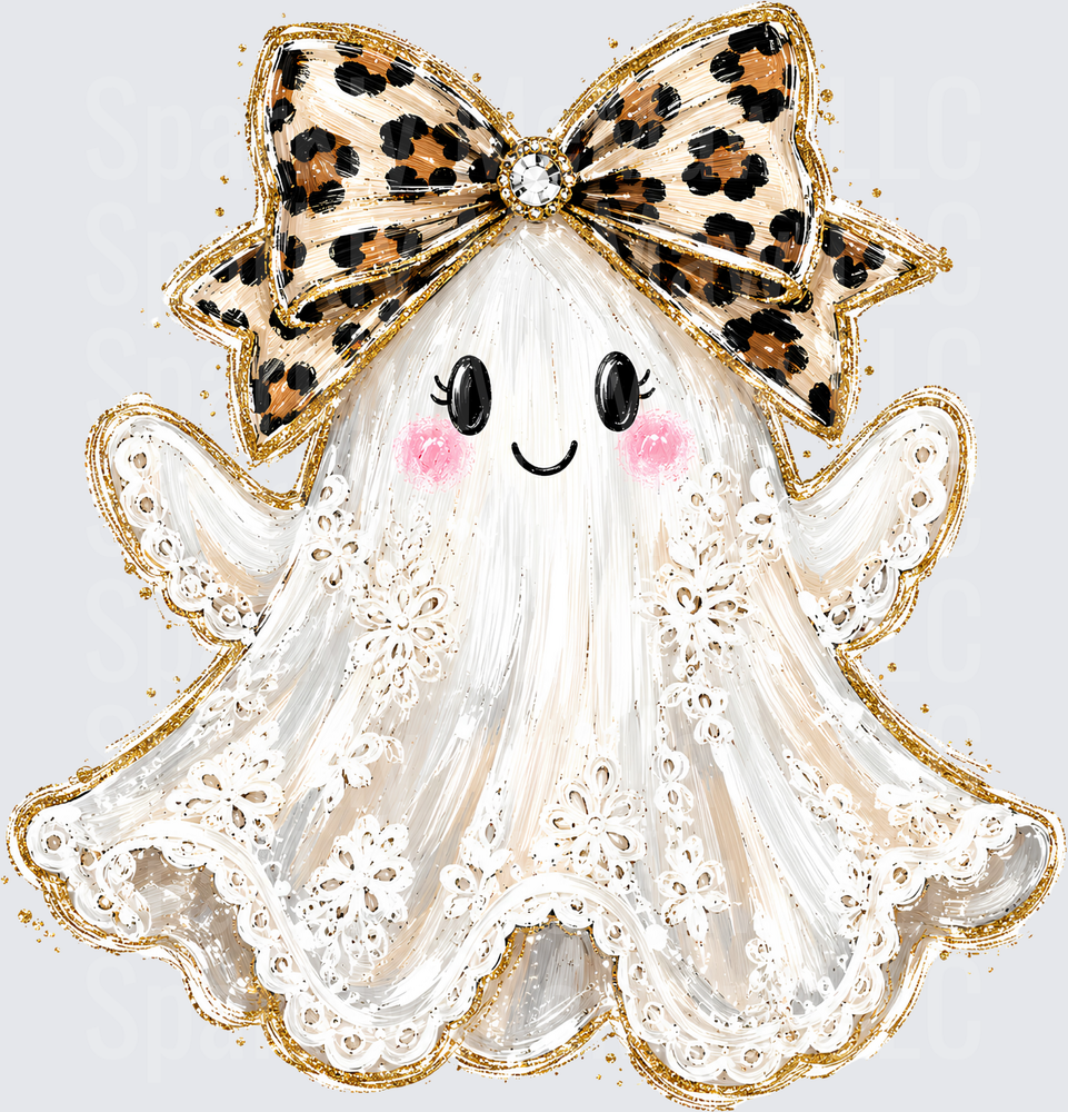 Cute Girly Ghost with Leopard Print Bow and Lace Trim Gold Glitter Halloween DTF Transfer for Fabrics