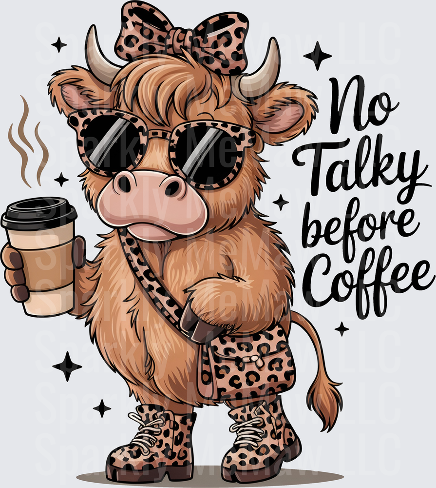 Stylish Highland Cow with Leopard Print Accessories Holding Coffee Cup No Talky Before Coffee