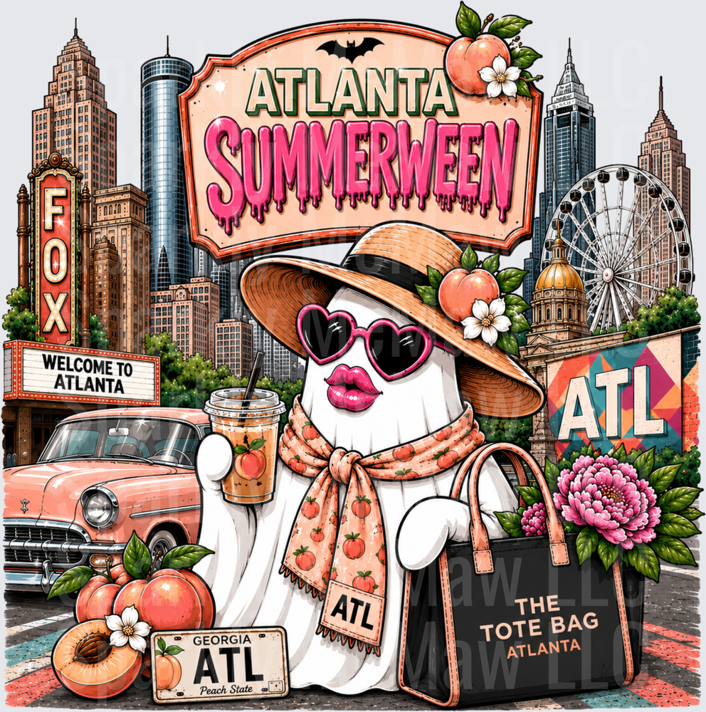 Atlanta Summerween Ghost with Peach Hat and Heart Sunglasses Atlanta Skyline DTF Transfer