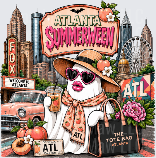 Atlanta Summerween Ghost with Peach Hat and Heart Sunglasses Atlanta Skyline DTF Transfer