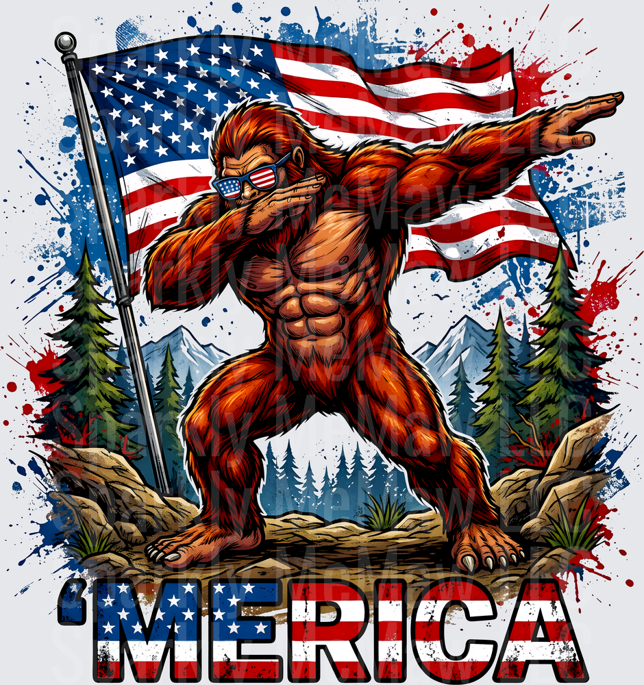 Patriotic Bigfoot Sasquatch Holding American Flag MERICA Design - UV DTF Decal