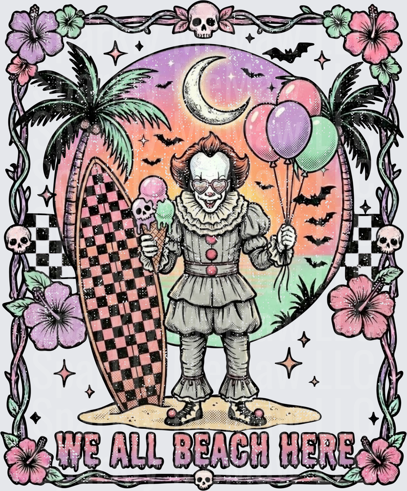 Pennywise Clown We All Beach Here Tropical Horror Parody UV DTF Decal
