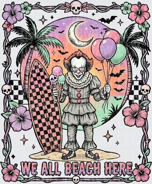 Pennywise Clown We All Beach Here Tropical Horror Parody UV DTF Decal