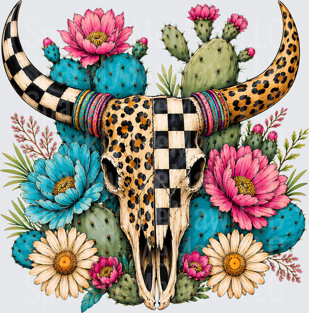 Leopard Checkered Boho Bull Skull DTF Transfer