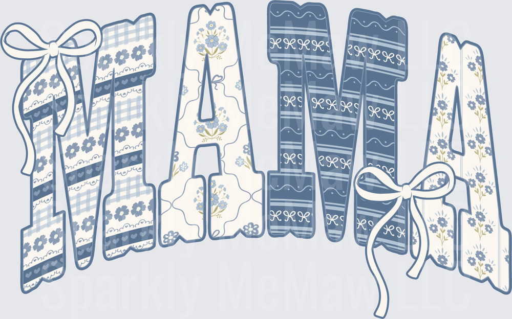 MAMA Letters with Blue Floral Patterns and Ribbon Bows UV DTF Decal