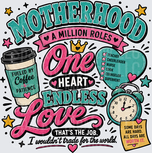 Motherhood A Million Roles One Heart Endless Love Coffee Fueled Mom UV DTF Decal