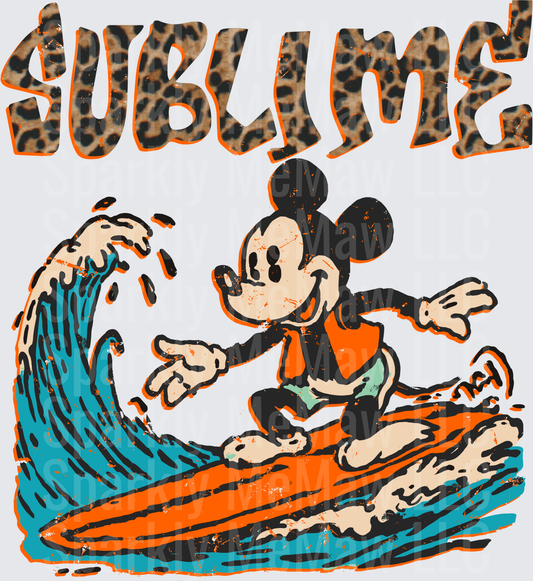 Mickey Mouse Surfing Wave with Leopard Print Sublime Text UV DTF Decal