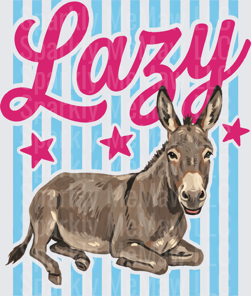 Lazy Donkey with Pink Stars on Blue Stripes DTF Transfer for Fabric