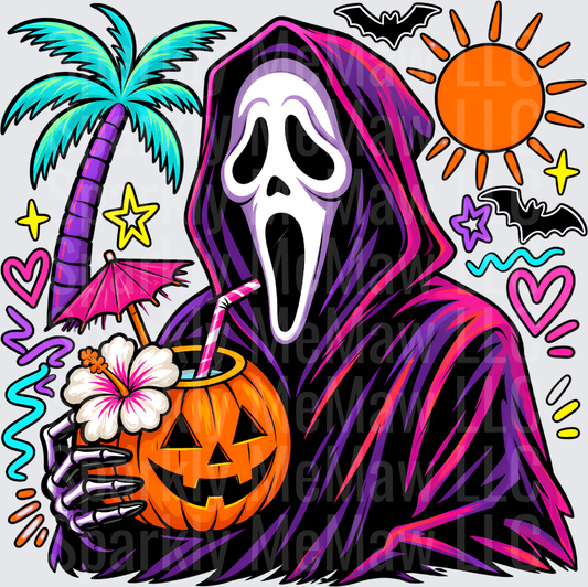 Ghostface Scream Mask Tropical Halloween Pumpkin Cocktail Colorful Summer Vibes DTF Transfer for Fabrics