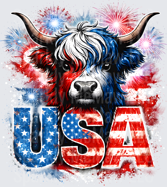 Patriotic Highland Cow Red White Blue USA Fireworks UV DTF Decal