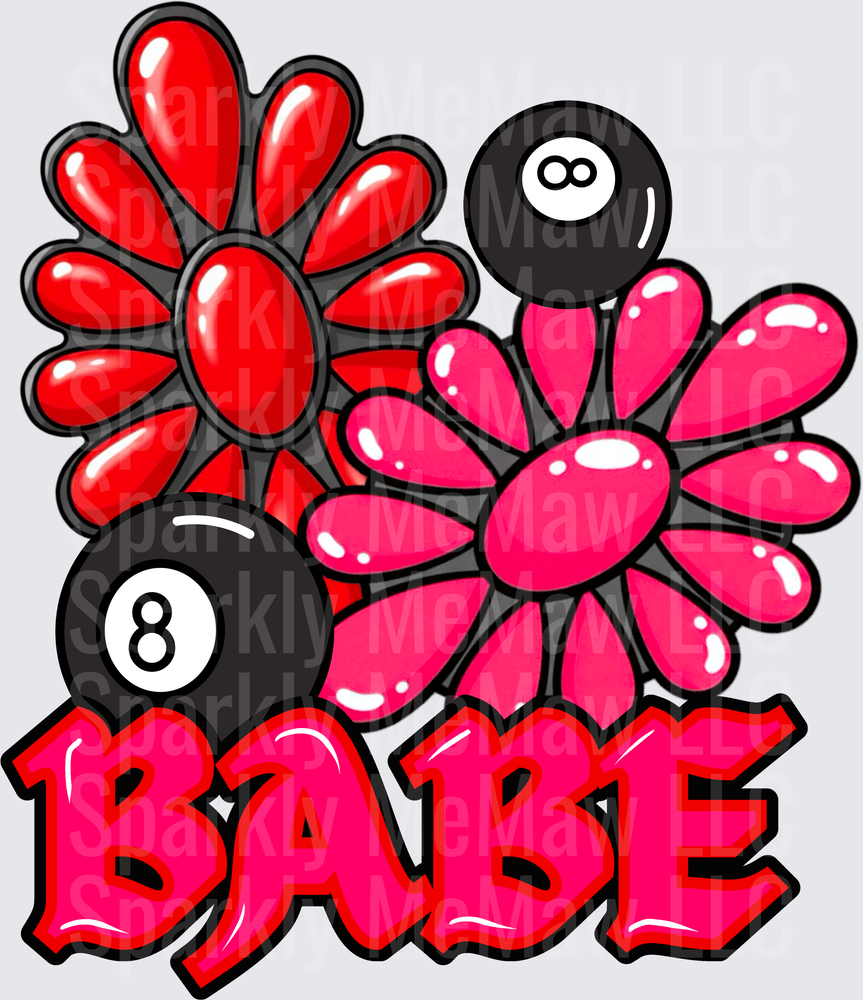 BABE Text with Red Pink Daisy Flowers and Pool Balls UV DTF Decal