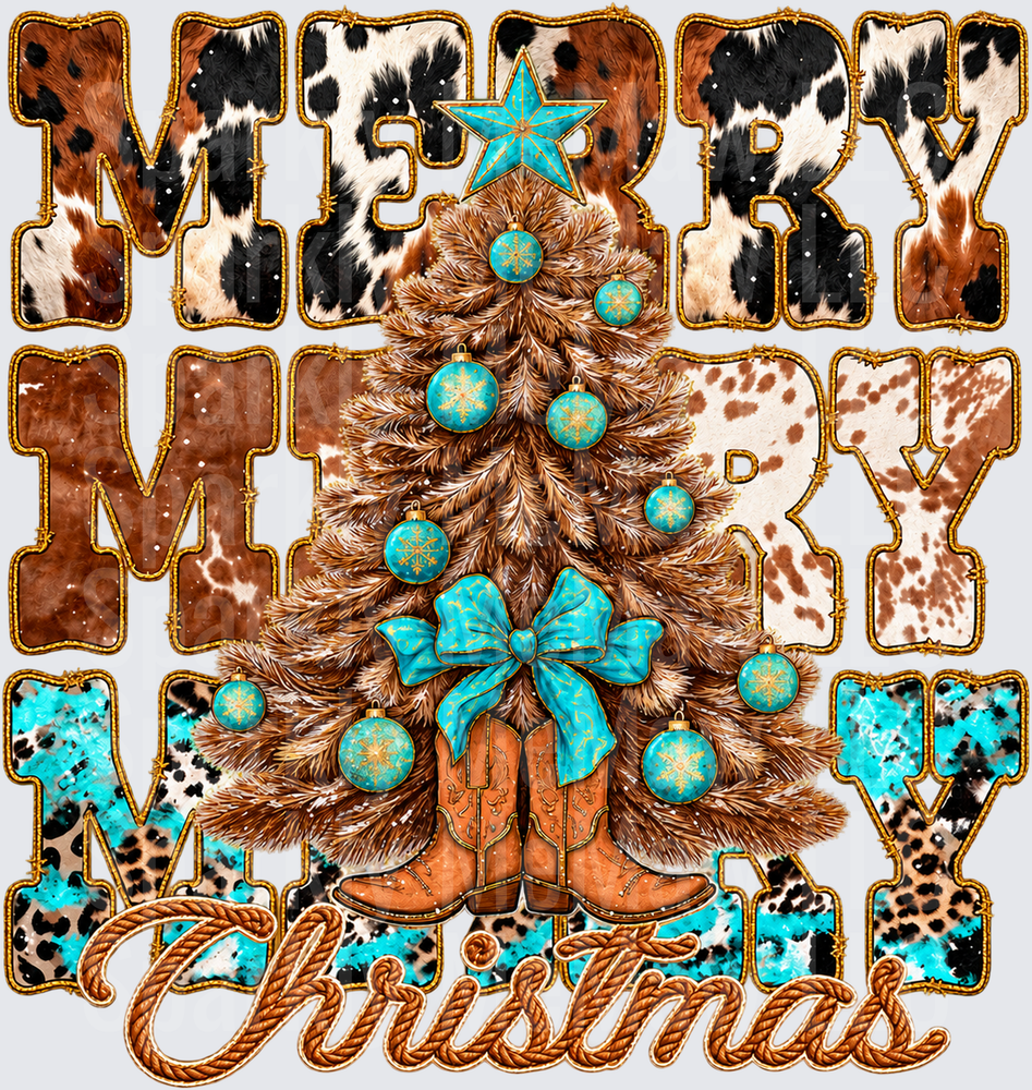 Merry Christmas Western Cowhide Tree is a DTF Transfer for Fabrics
