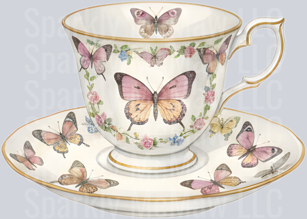 Vintage Butterfly Teacup and Saucer with Floral Pattern UV DTF Decal