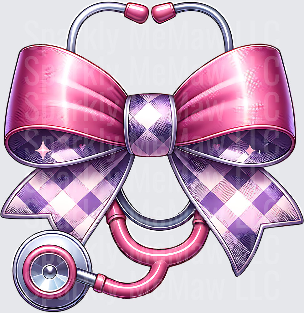 Pink Purple Checkered Bow Stethoscope Medical Nurse Design UV DTF Decal