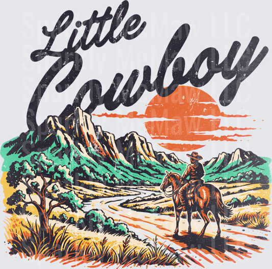 Little Cowboy Vintage Western Sunset Horseback Rider Mountain Desert Landscape UV DTF Decal