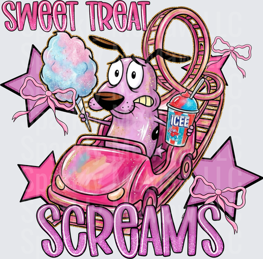 Sweet Treat Screams Courage the Cowardly Dog Roller Coaster Cotton Candy ICEE Pink Glitter DTF Transfer (fabrics)
