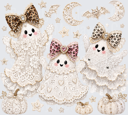 Boujee Lace Ghost Trio with Leopard Print Bows Pumpkins Moons and Stars Halloween UV DTF Decal