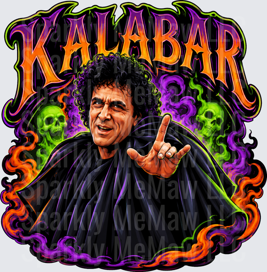 Kalabar Hocus Pocus Halloween Villain Dark Cape Rock Hand Glowing Skulls Purple Green Flames UV DTF Decal