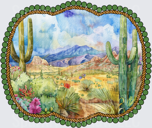 Watercolor Desert Landscape with Saguaro Cacti and Blooming Flowers UV DTF Decal