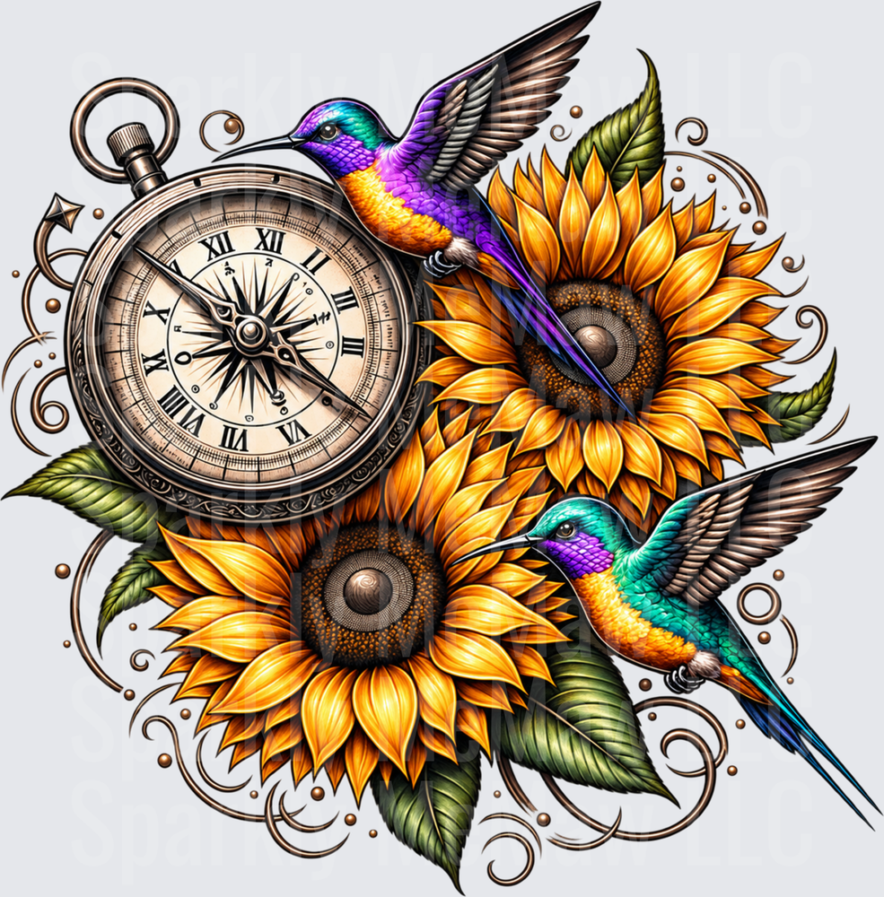Two Hummingbirds Sunflowers Vintage Clock is a DTF Transfer for Fabrics