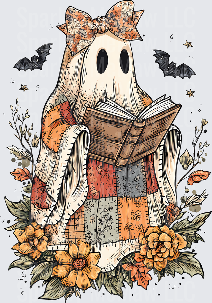 Cute Ghost Reading Book Wrapped in Patchwork Quilt Floral Bow Halloween UV DTF Decal