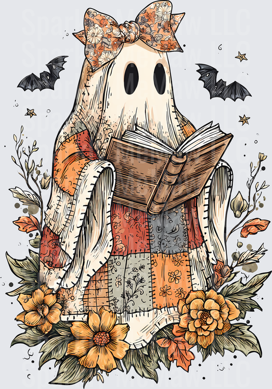 Cute Ghost Reading Book Wrapped in Patchwork Quilt Floral Bow Halloween UV DTF Decal