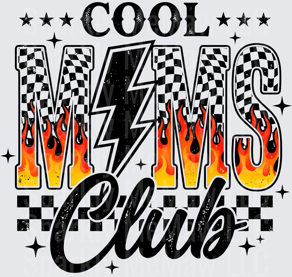 Cool Mamas Club Retro Racing Checkered Flag Fire Design UV DTF Decal