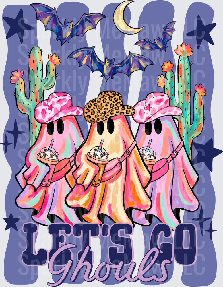 Let's Go Ghouls Western Cowgirl Ghosts with Boba Tea Desert Night Scene DTF Transfer for Fabric