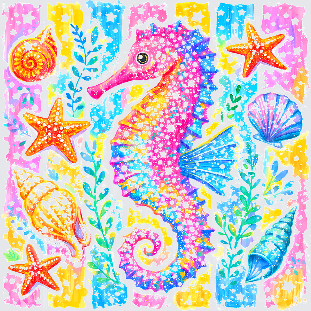 Rainbow Watercolor Seahorse with Starfish and Seashells Ocean Scene UV DTF Decal