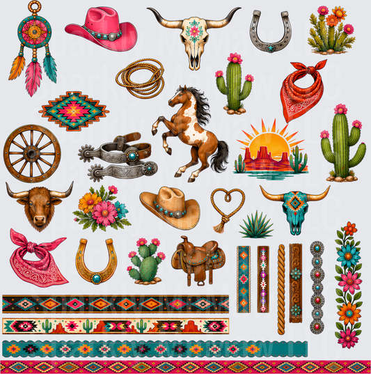 Colorful Western Cowgirl Element Bundle with Dream Catcher, Longhorn Skull, Rearing Horse, Cacti, Cowboy Hats, Bull Head, Horseshoes, Spurs, Desert Sunset, Bandanas, Aztec Borders UV DTF 10x10 Element Sheet