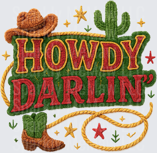Howdy Darlin' Western Embroidery Style UV DTF Decal with Cowboy Hat Boot Cactus and Lasso