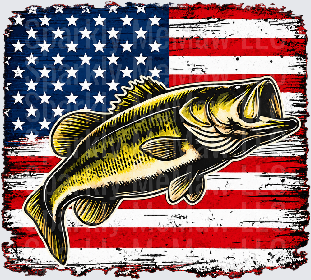 Largemouth Bass American Flag DTF Transfer for Fabrics