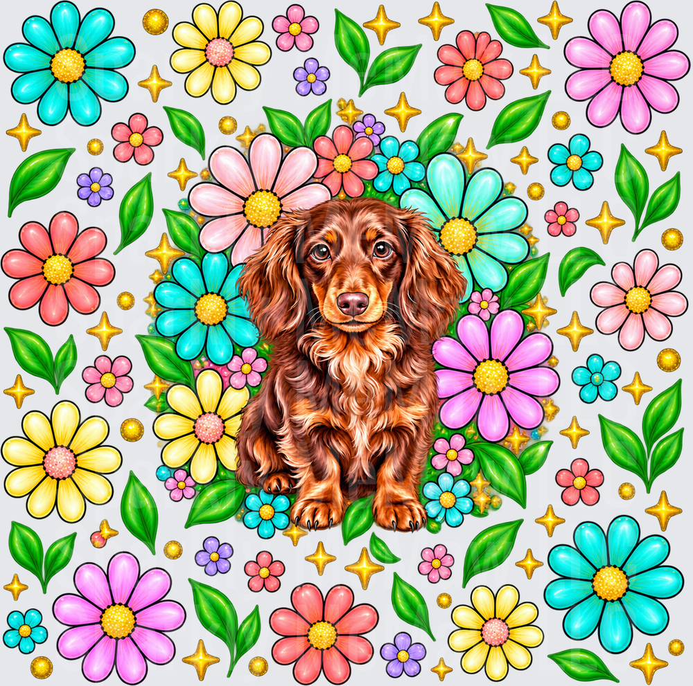 Long Haired Dachshund Floral is a UV DTF 10x10 inch cut And Stick Sheet