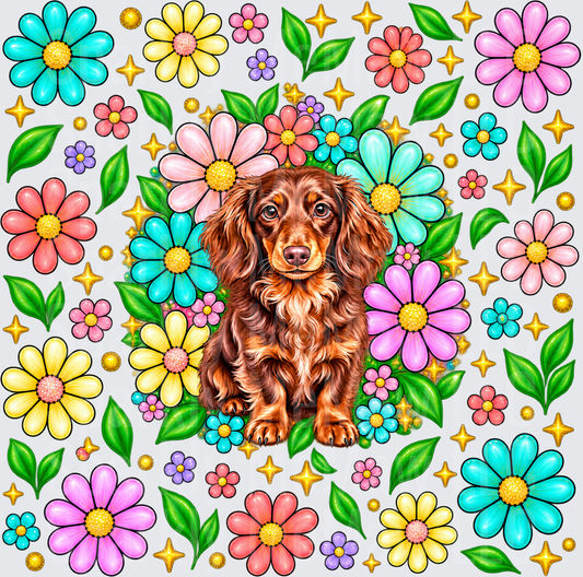 Long Haired Dachshund Floral is a UV DTF 10x10 inch cut And Stick Sheet