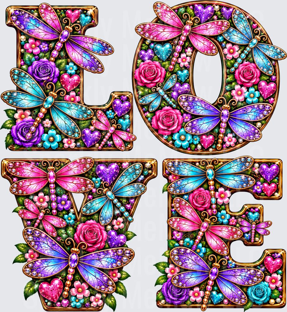 Dragonfly Floral LOVE Letters UV DTF DECAL (HARD SMOOTH SURFACE)