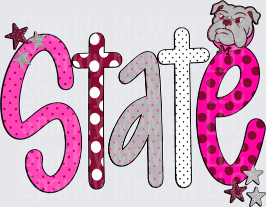 Mississippi State Bulldogs Polka Dot Pink Maroon Gray Glitter Star Word Art DTF Transfer for Fabrics